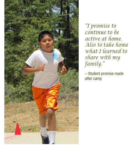 “I promise to continue to be active at home. Also to take home what I learned to share with my family.” student promise made after camp